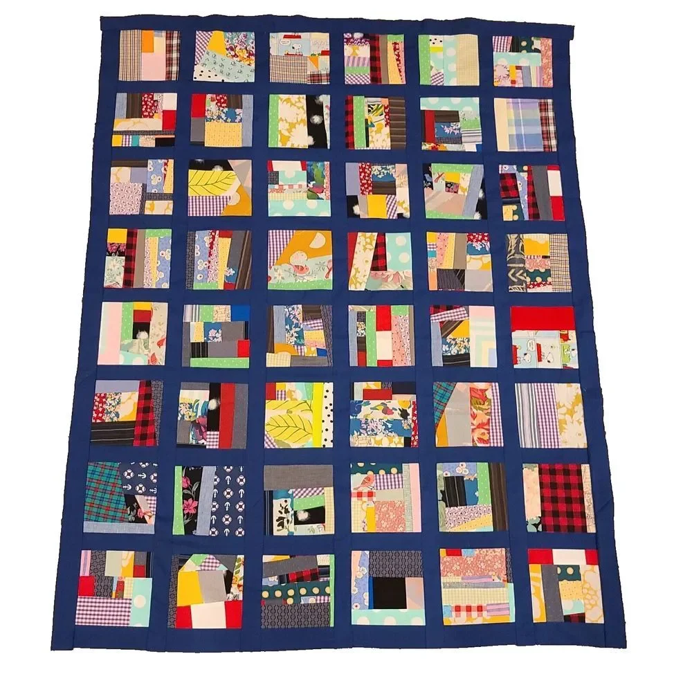 Scrappy Patchwork Colorful Crumb Crazy Baby Lap Quilt Top Blue Sashing 42